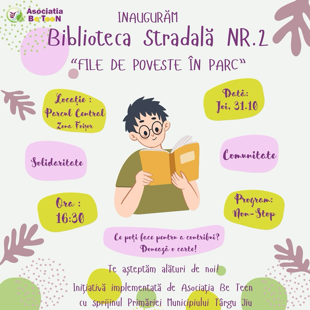 O nouă bibliotecă stradală și seară de film în Parcul Central Târgu Jiu