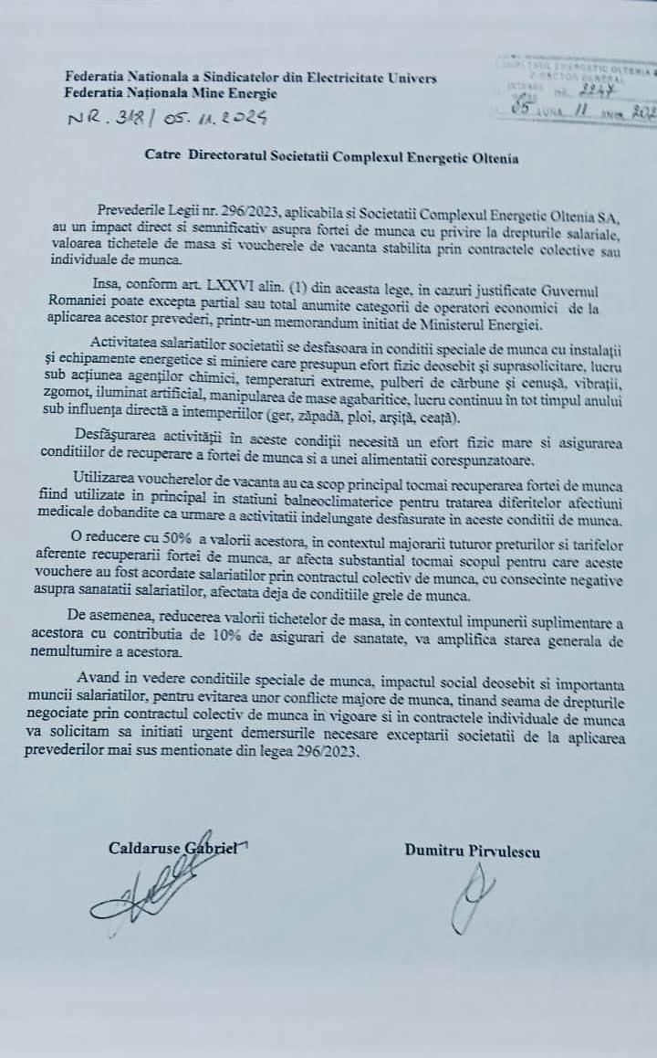 Sindicatele cer Complexului Energetic Oltenia măsuri urgente pentru protejarea veniturilor angajaților de Legea Austerității