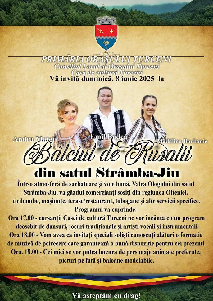 Bâlci de Rusalii la Turceni, cu muzică, distracție și artiști&nbsp;îndrăgiți