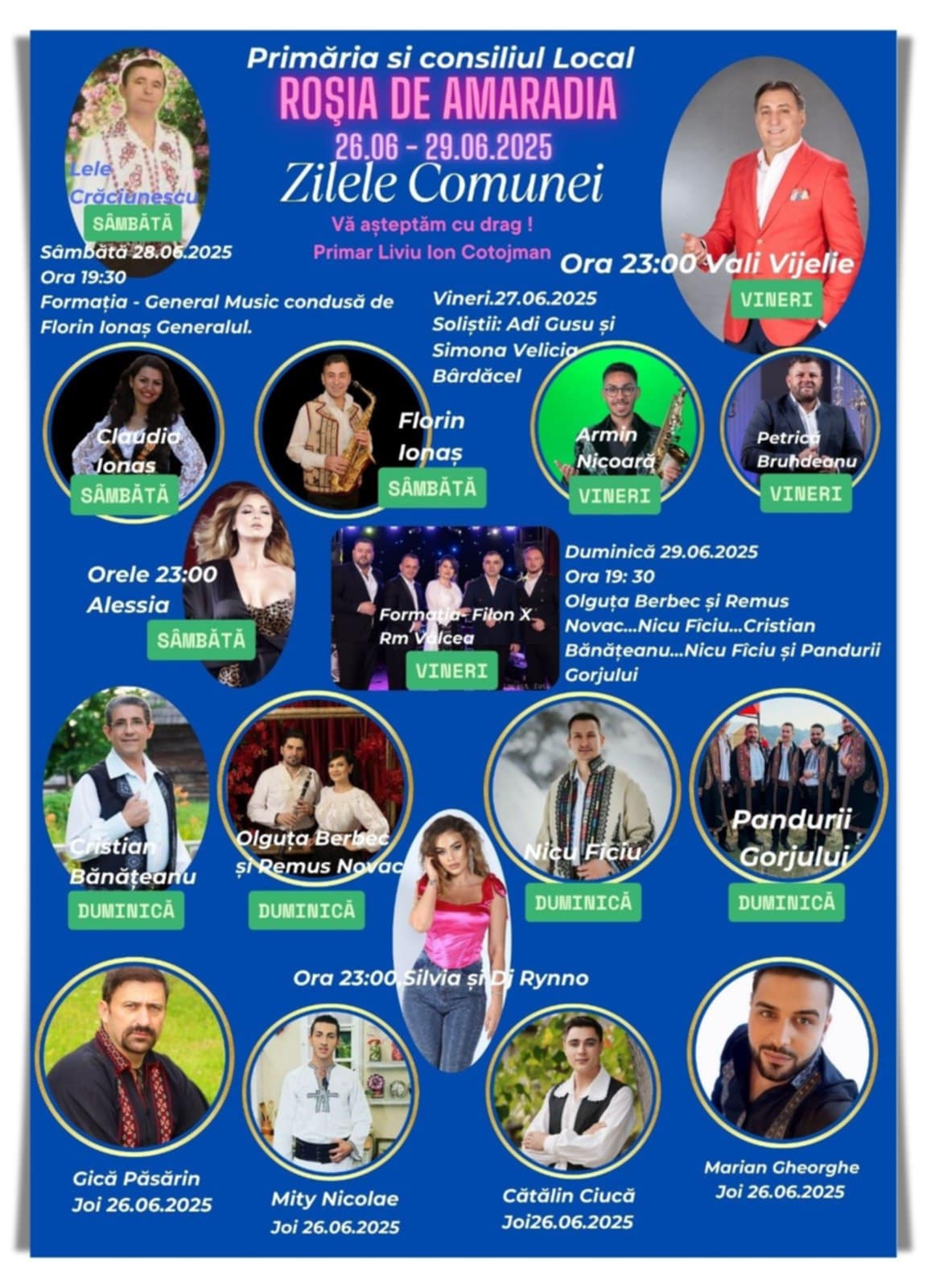 Zilele comunei Roșia de Amaradia: patru zile de petrecere cu artiști, festival popular și artificii