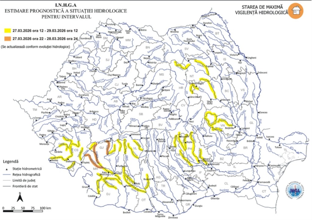 Cod portocaliu de inundații în Gorj: viituri și creșteri periculoase ale apelor până sâmbătă noapte