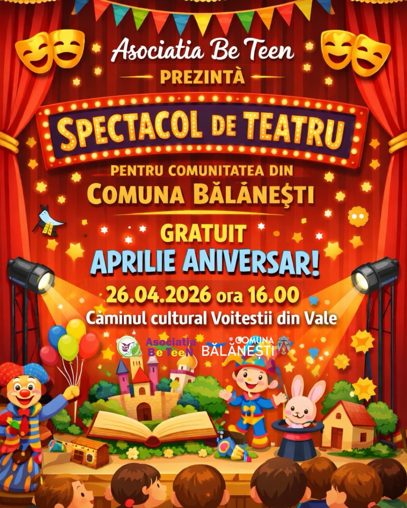 „Aprilie aniversar” la Bălănești: spectacol de teatru gratuit pentru copii