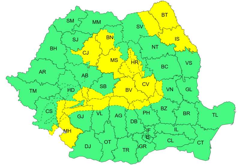 Cod galben de vânt în 21 de județe. Rafale de până la 90 km/h în zonele&nbsp;montane