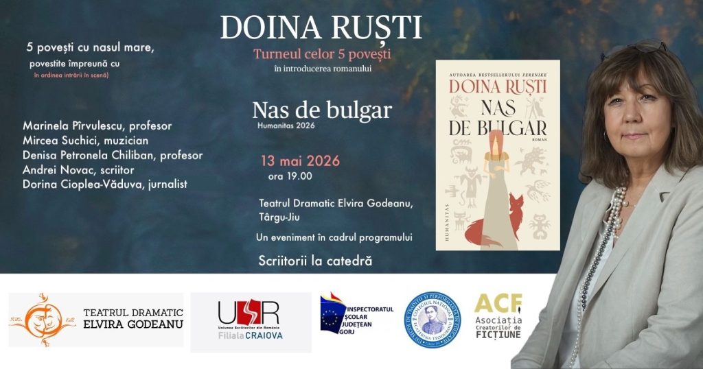Doina Ruști revine la Târgu Jiu cu un performance narativ inspirat din romanul „Nas de bulgar”