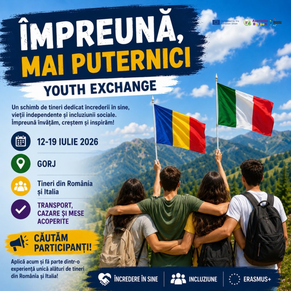 Se caută tineri din Gorj pentru un proiect Erasmus+ cu participanți din&nbsp;Italia