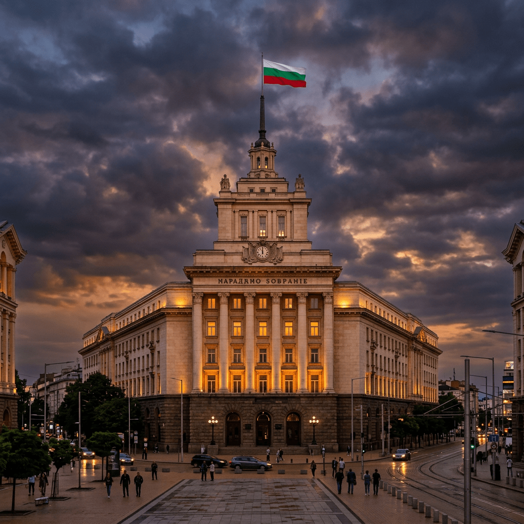 Bulgarian Parliament building with flag flying under dramatic dark clouds at dusk