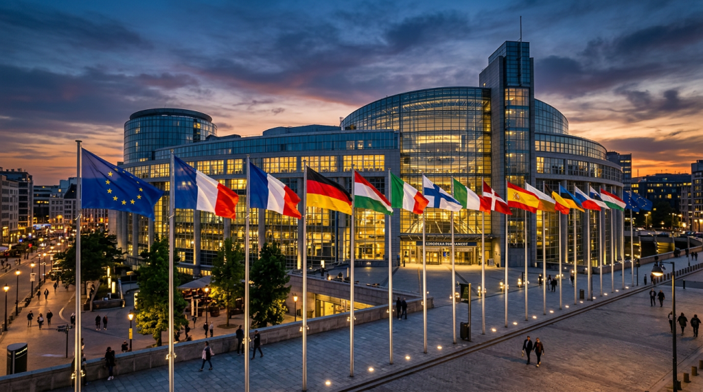 European Parliament building in Brussels with EU and member country flags at sunset