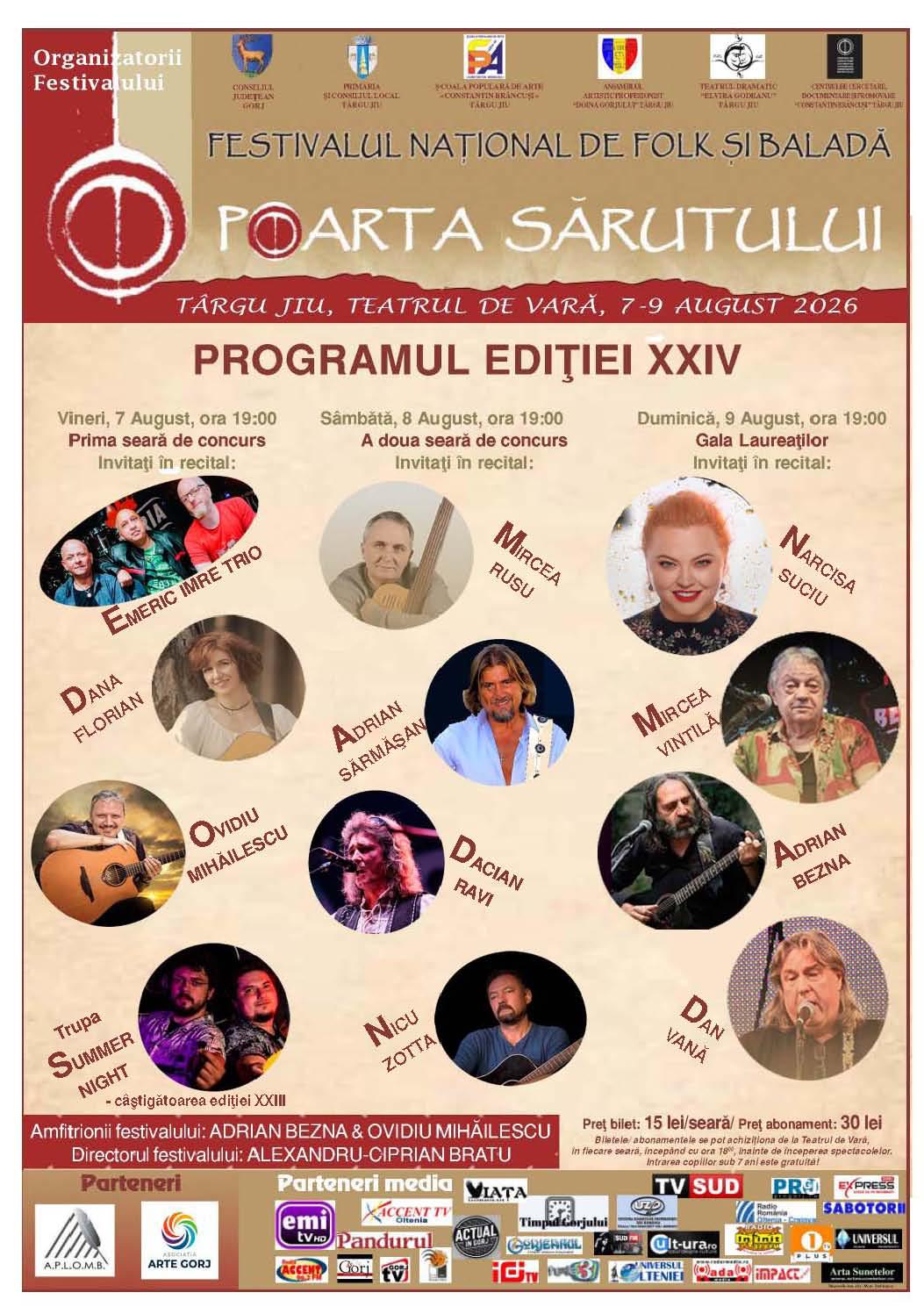 Festivalul „Poarta Sărutului” revine la Târgu Jiu. Mircea Vintilă, Narcisa Suciu și Emeric Imre, printre artiștii invitați